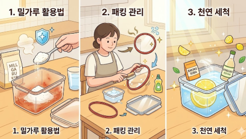 김치통 냄새 제거 (밀가루 활용법, 패킹 관리, 천연 세척)