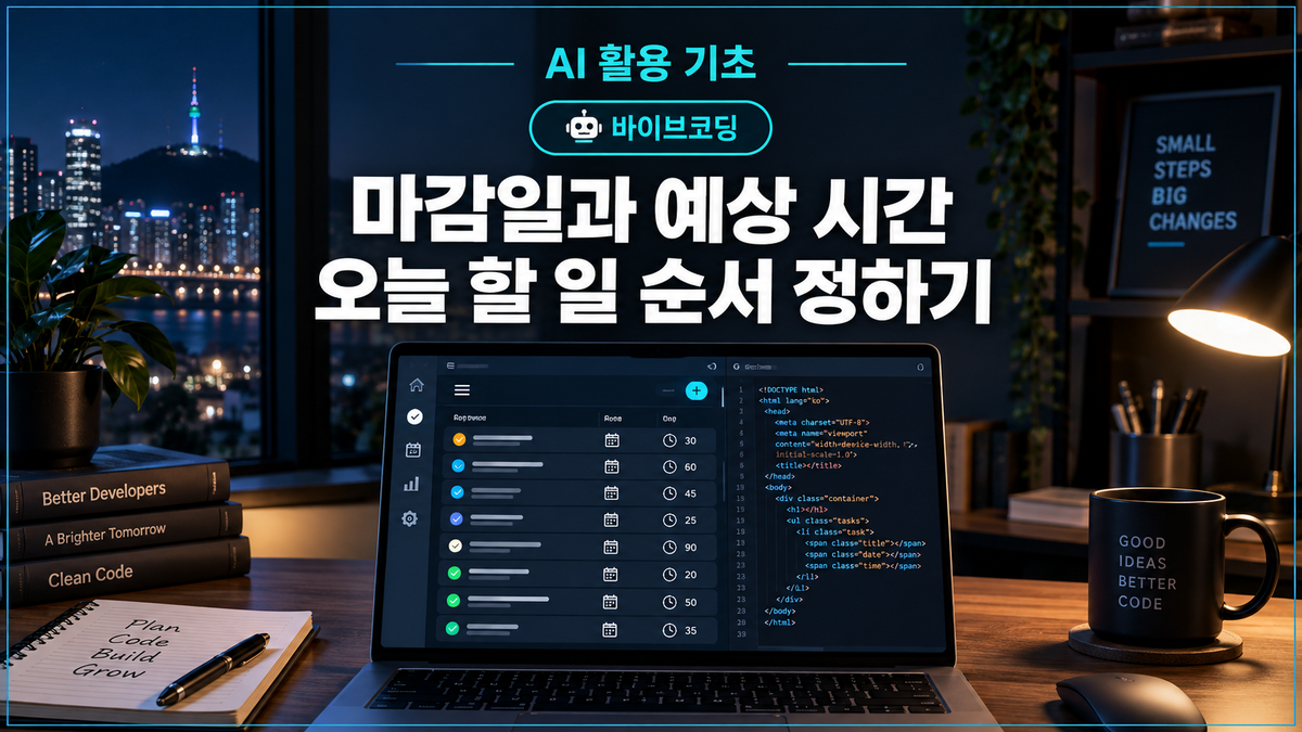 대표 이미지: 노트북 화면에서 마감일과 예상 시간을 비교해 오늘의 할 일 순서를 정하는 단일 HTML 일정 플래너