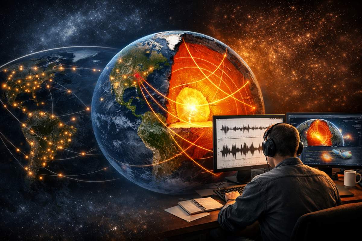 지진파 관측 자료를 통해 지구 내부를 연구하는 지구과학 연구 장면