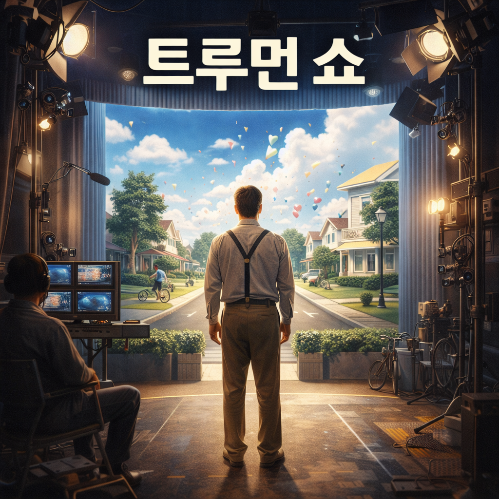 세트장에서 삶을 살아갔던 트루먼의 뒷모습 이미지. 영화제목 트루먼 쇼 문구가 삽입되어 있음.