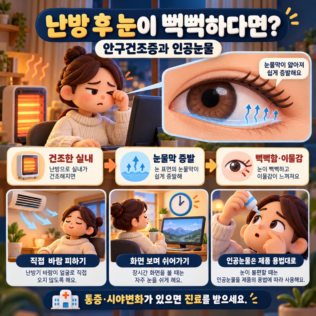 난방한 방에서 컴퓨터를 보는 사람과 눈물막의 증발 개념을 연결하고 바람 피하기와 휴식, 제품 용법에 맞는 인공눈물 사용을 설명한 인포그래픽