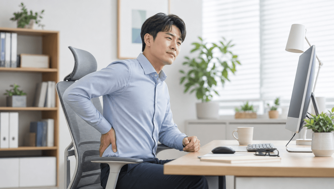 책상 앞에 앉아 허리 통증을 느끼는 남성 일러스트