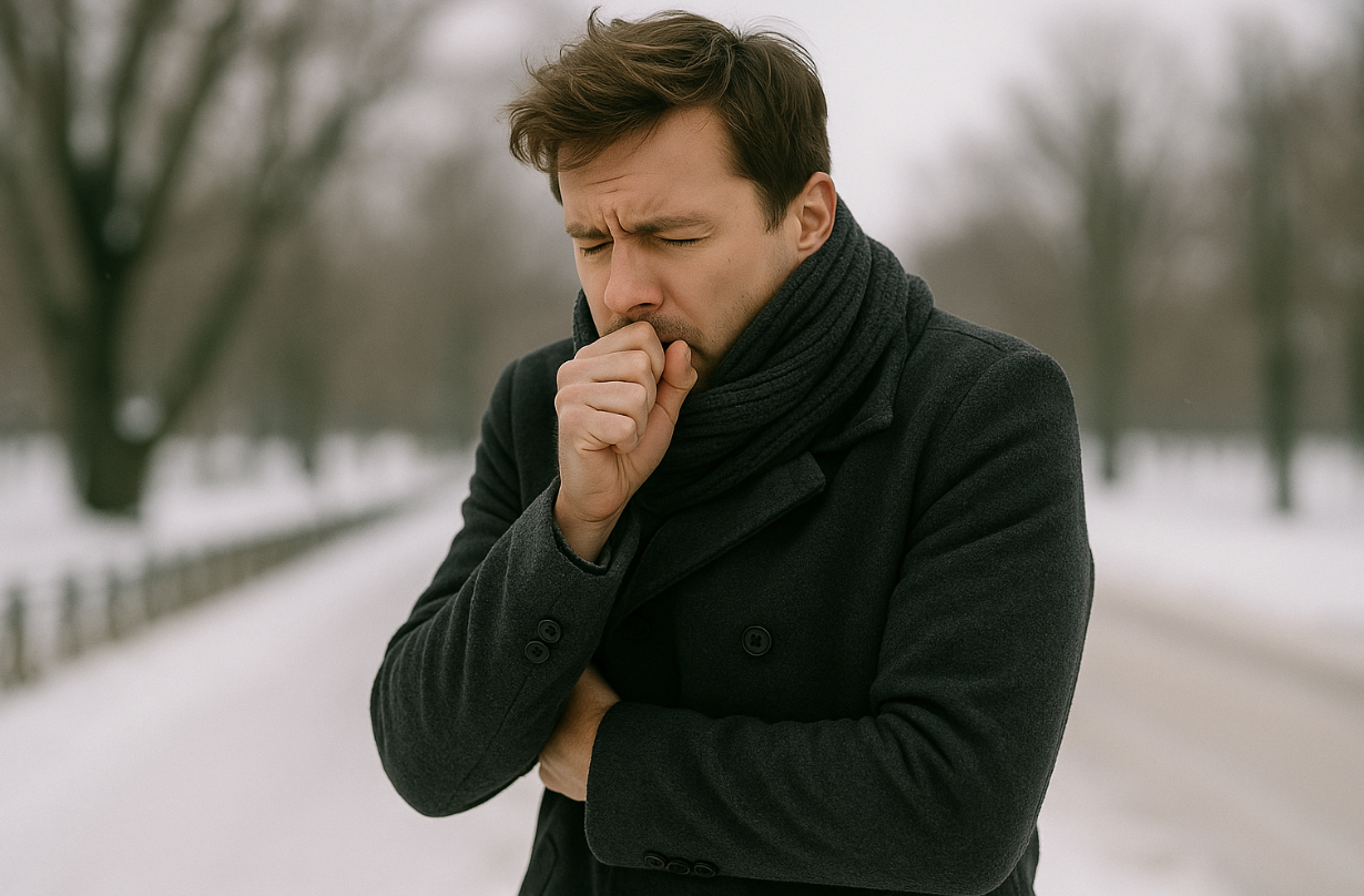 눈 덮인 겨울 거리에서 두꺼운 외투와 머플러를 두른 남성이 기침하며 추위에 떠는 모습