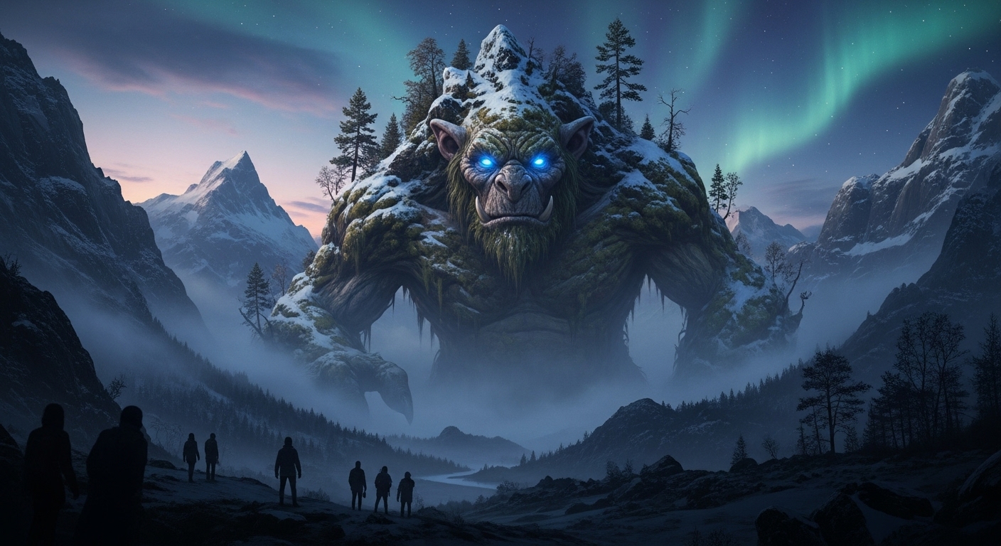 북유럽 산맥에서 거대한 트롤이 나타나 압도적인 위용을 자랑하는 장면