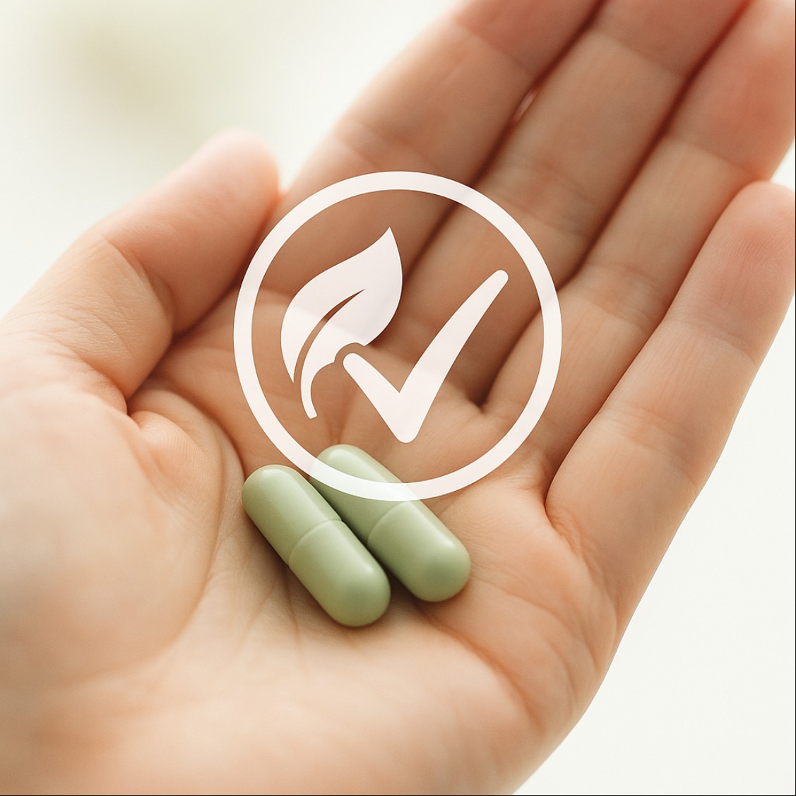 손바닥 위의 초록색 캡슐과 건강기능식품 인증 마크를 표현한 이미지