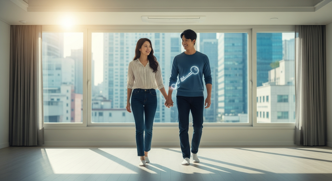 2025년 새해를 맞아 내 집 마련의 목표를 세우고 희망찬 미래를 시작하는 청년의 모습