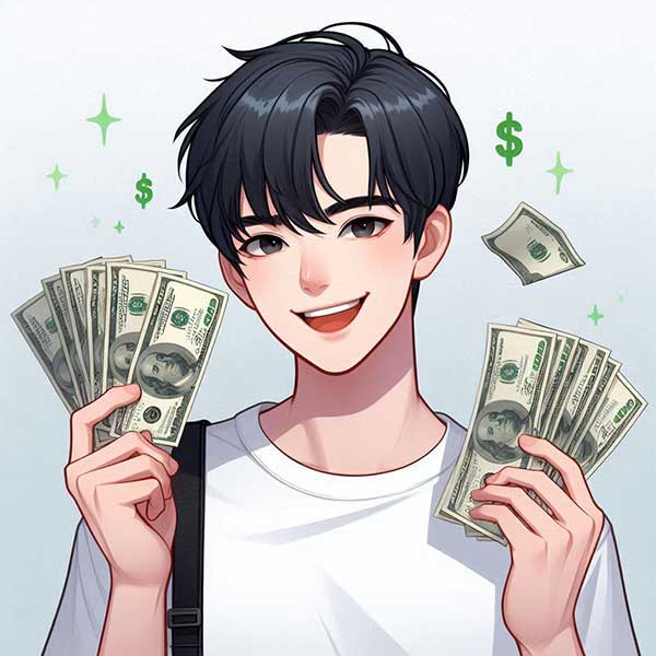 돈을 들고 웃고 있는 사람