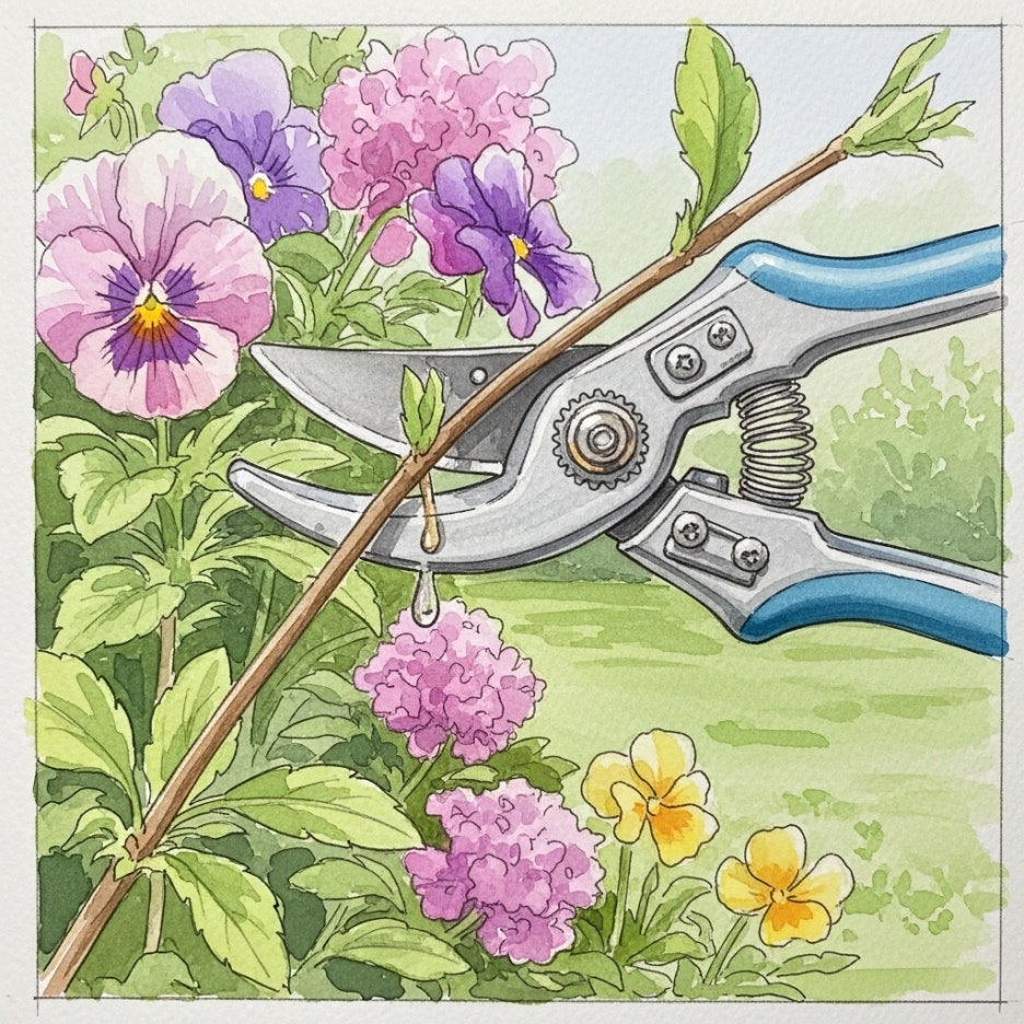 정원 가위로 나뭇가지를 정리하는 세밀화