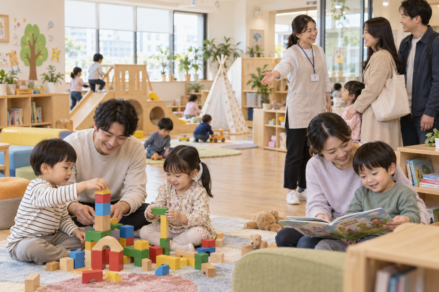공동육아나눔터 처음 이용할 때, 공간·프로그램·돌봄 규칙 확인하기 상황에서 부모와 아이가 필요한 정보를 확인하는 실제 생활 장면
