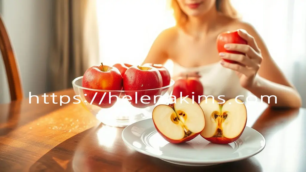 나무 탁자 위에 유리 그릇에 담긴 사과와 반으로 잘라 하얀 접시에 담아 놓은 사과의 옆에 한 여성이 사과 하나를 들고 있는 모습.