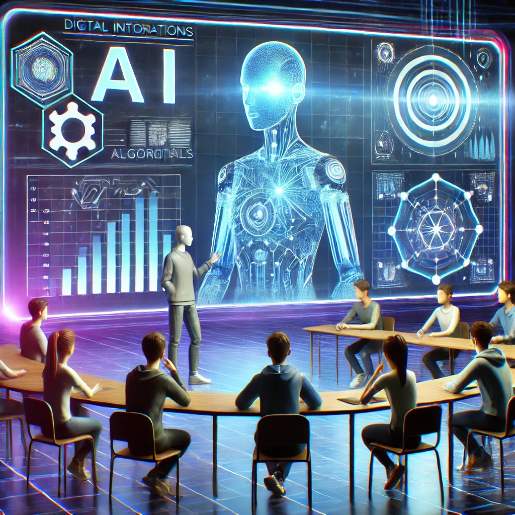 미래형-AI-학습-환경에서-홀로그램-인공지능-강사가-학생들에게- 알고리즘을-설명하는-모습