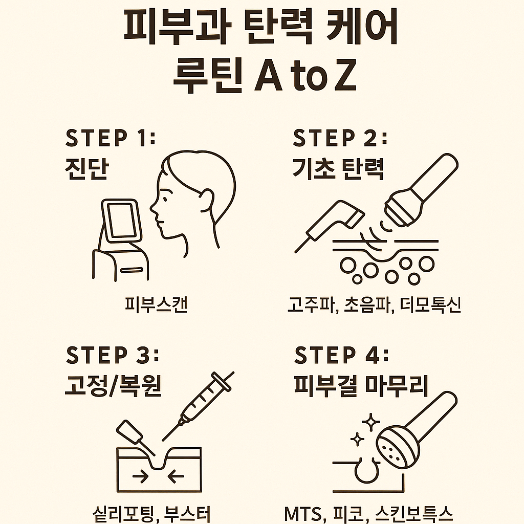 프락셀, 인트라셀, MTS의 모공 개선 원리, 효과, 회복기간, 추천 피부 타입 등을 비교한 한국어 인포그래픽. 각 시술의 특징이 아이콘과 간단한 표 형태로 정리되어 있음