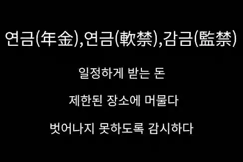 연금(年金)&#44;연금(軟禁)&#44;감금(監禁)&#44; 일정하게 받는 돈&#44; 제한된 장소에 머물다&#44; 벗어나지 못하도록 감시하다