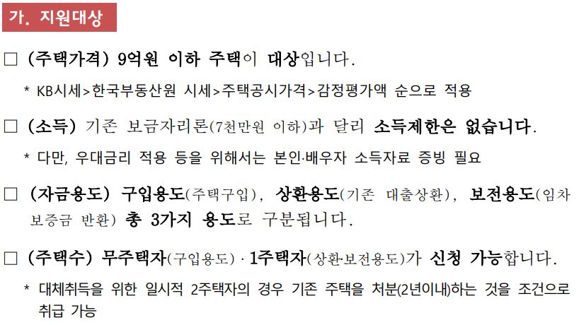 특례 보금자리론 자격 및 지원대상