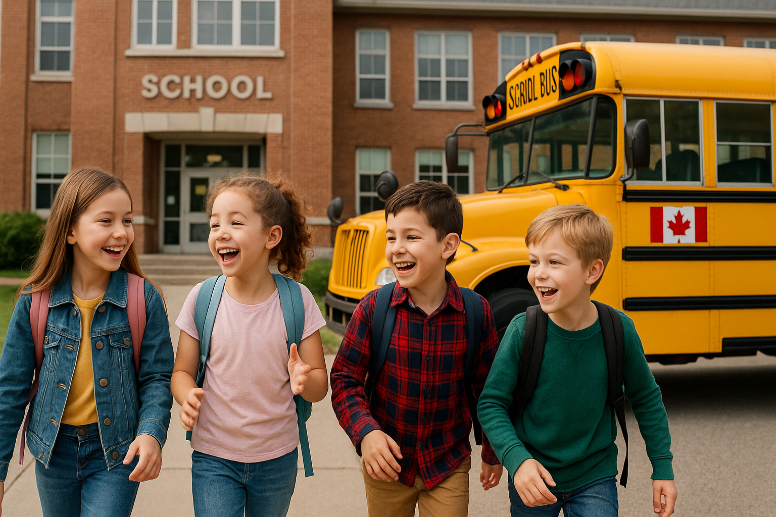 스쿨버스에서 내려 즐겁게 등교하는 캐나다 어린이들