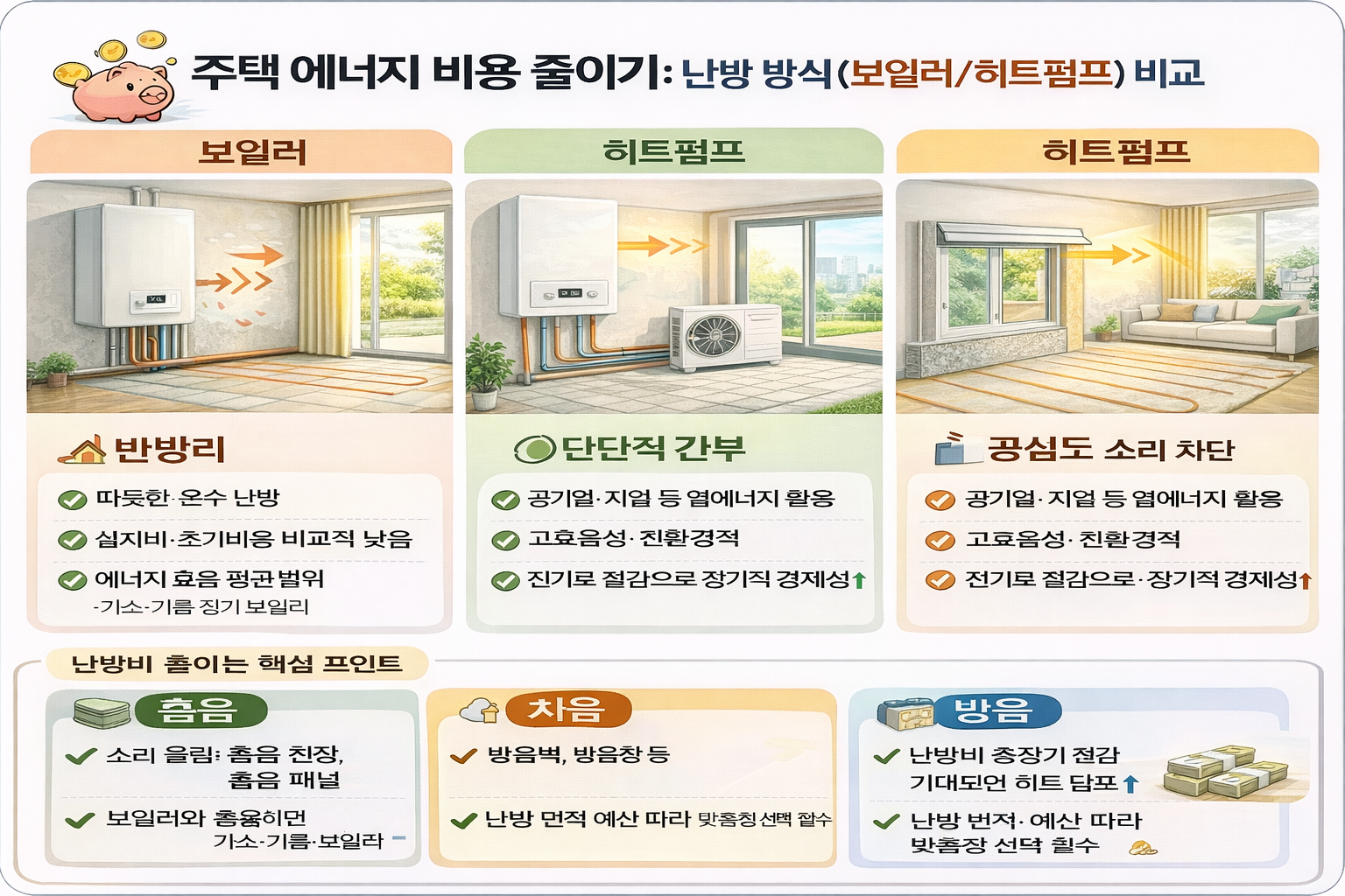 주택 에너지 비용 줄이기: 난방 방식(보일러/히트펌프) 비교(보일러, 히트펌프, 난방비)