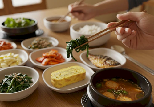 한국인이 점심 식사로 밥보다 채소 반찬을 먼저 집는 모습 담은 현실적인 사진