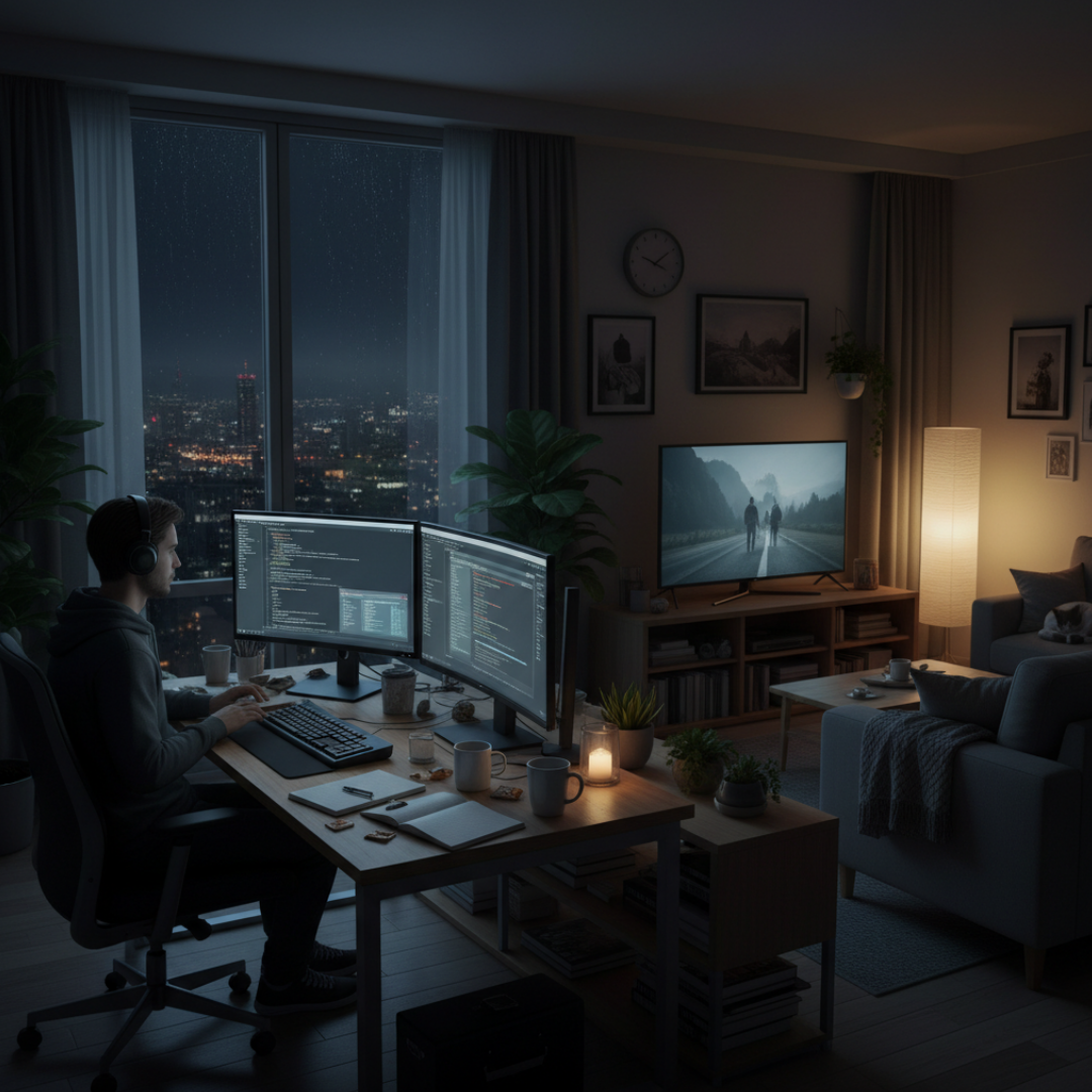 늦은 밤 퇴근하며 피로를 느끼는 직장인의 모습