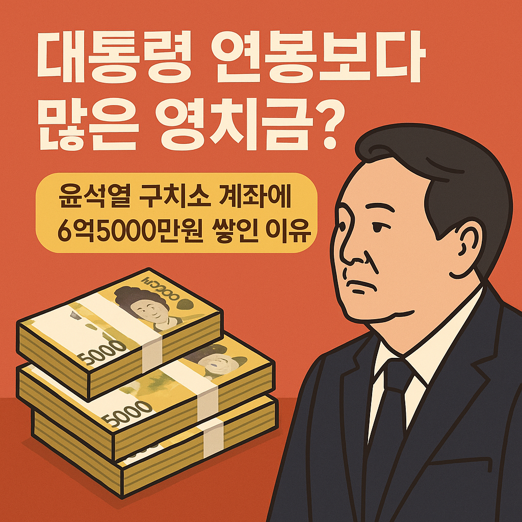 대통령 연봉보다 많은 영치금이라는 문구와 함께, 정장을 입은 남성 일러스트 옆에 5만원권 지폐 더미가 놓인 평면 그래픽. 윤석열 구치소 계좌에 6억5000만원이 쌓인 이유를 묻는 뉴스형 썸네일.