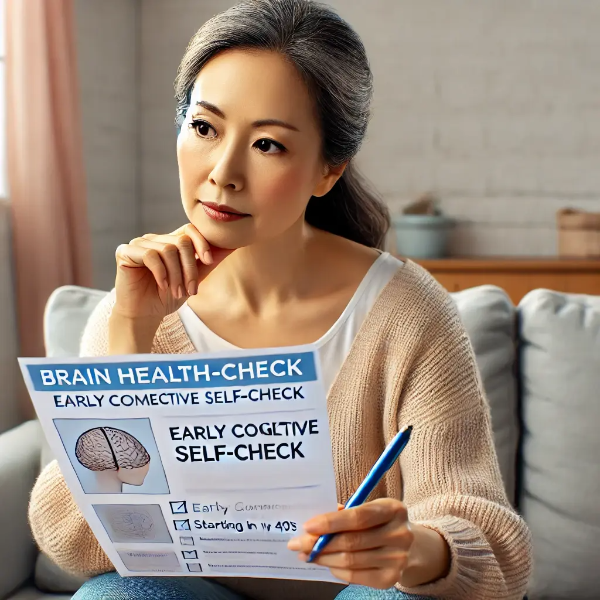 소파에 앉아 뇌 건강 자가 체크리스트를 들고 생각에 잠긴 동양인 중년 여성의 초고해상도 사진