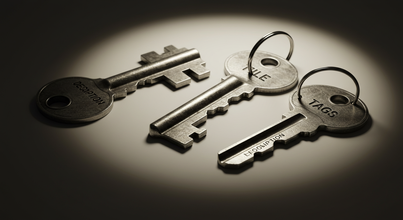 주의&middot;기대&middot;검색을 여는 세 가지 열쇠로 제목&middot;설명&middot;태그의 역할을 상징한 개념 이미지