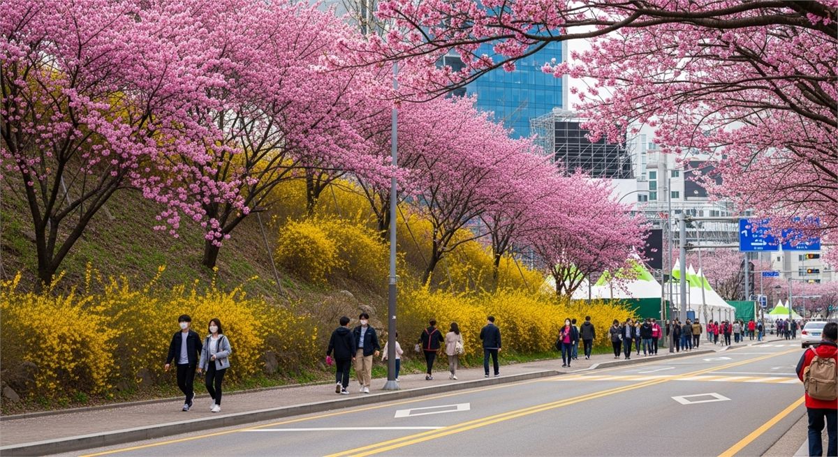 축제장 주변 도로와 보행 흐름이 함께 보이는 장면 