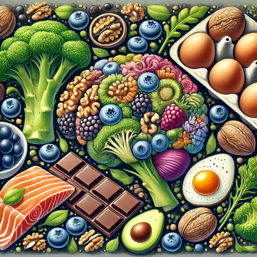 "기억력과 인지 기능 향상에 도움을 주는 음식들 – 브로콜리, 블루베리, 호두, 연어, 계란, 다크 초콜릿이 예술적으로 배치된 이미지"