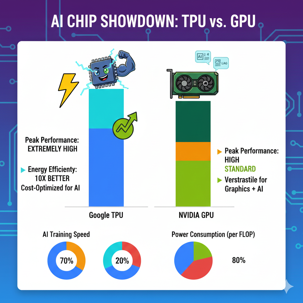 Google TPU와 엔비디아 GPU의 AI 워크로드 처리 속도 및 에너지 효율성 비교 그래프
