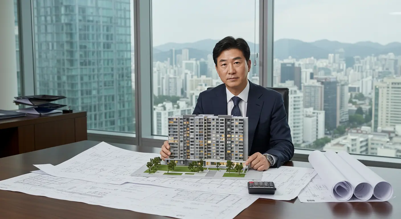 서울의 사무실에서 아파트 모형과 설계도면을 보며 주택매매사업을 구상하는 한국인 전문가