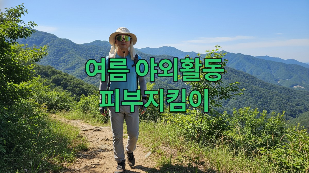 챙 넓은 모자와 선글라스, 기능성 옷을 입고 여름 산길을 걷는 한국인 등산객의 모습. 햇볕이 강렬하지만 편안해 보입니다.
