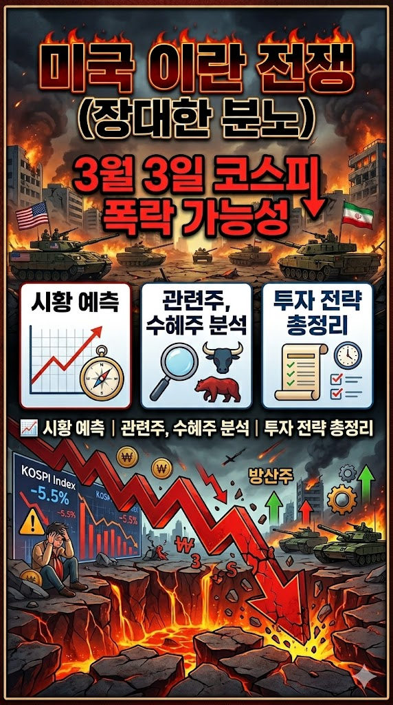 미국 이란 전쟁(장대한 분노) 관련 3월 3일 코스피 폭락 가능성, 시황 예측, 관련주, 수혜주 분석, 투자 전략 총정리