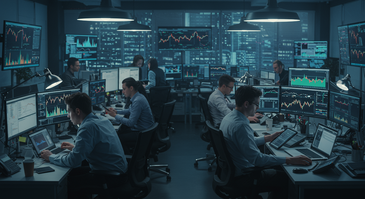 도시의 사무실에서 디지털 화면으로 주식 데이터를 분석하는 전문가들