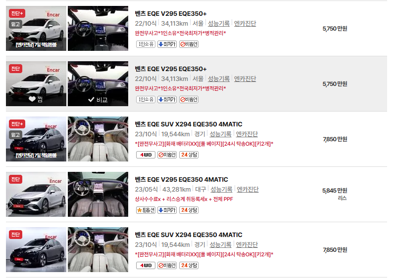 벤츠 EQE 중고차 가격 시세표 유지비