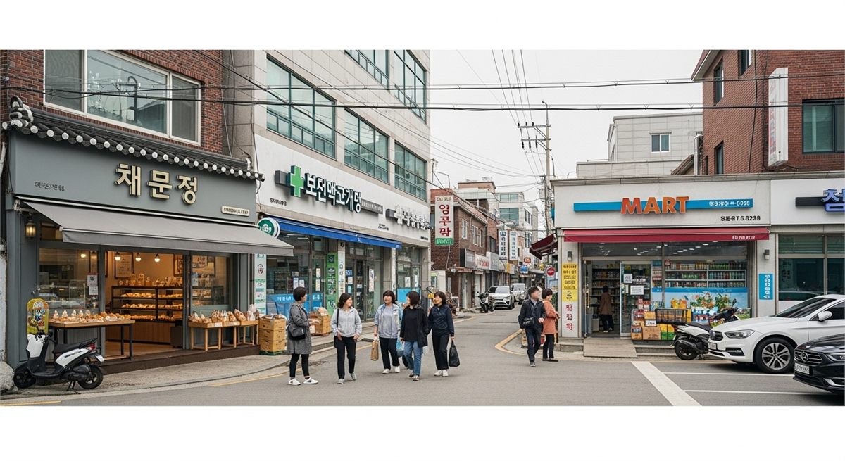 약국과 마트, 빵집 같은 동네 상권 분위기의 거리 전경
