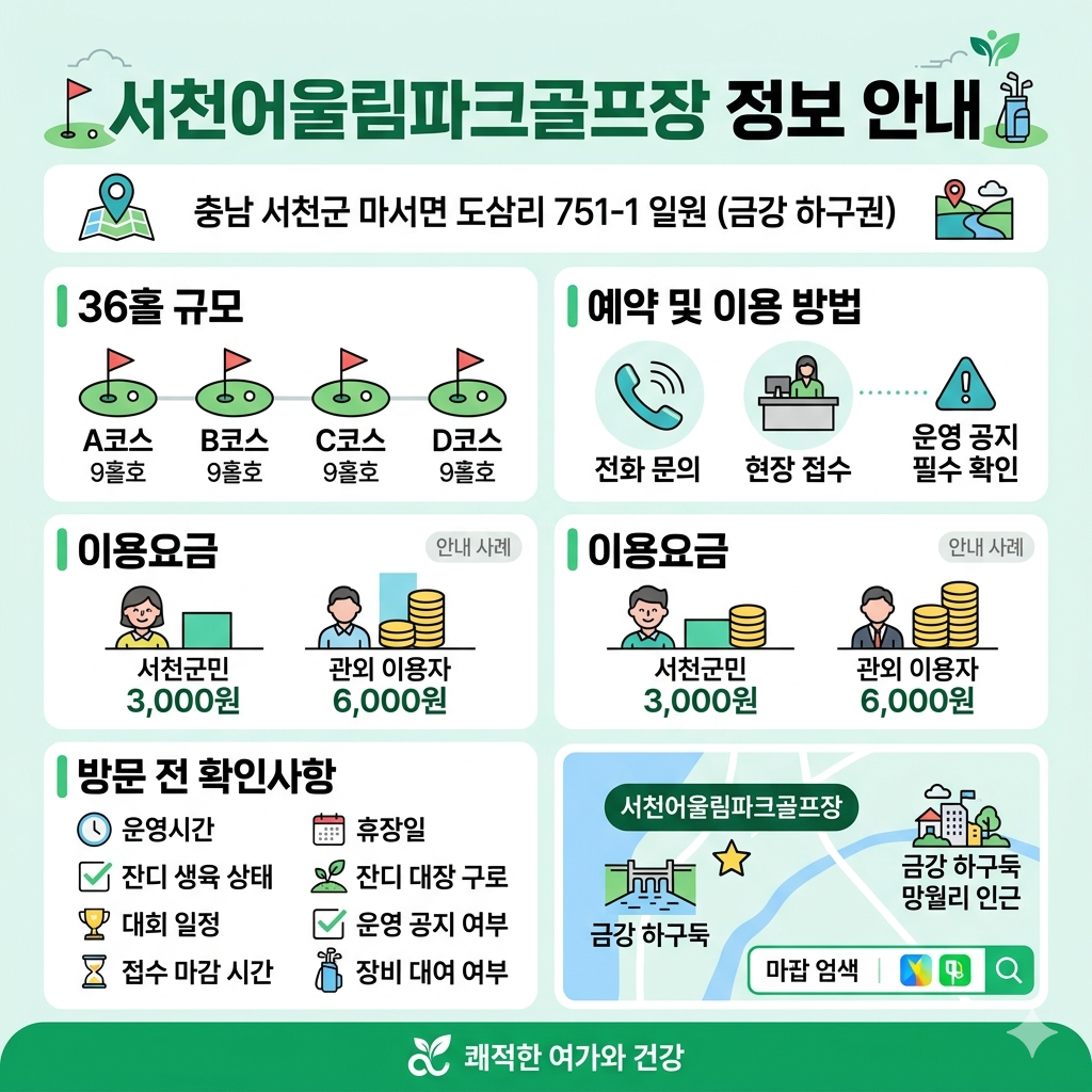서천어울림파크골프장 예약방법 위치&middot;요금&middot;코스&middot;운영 확인 인포그래픽