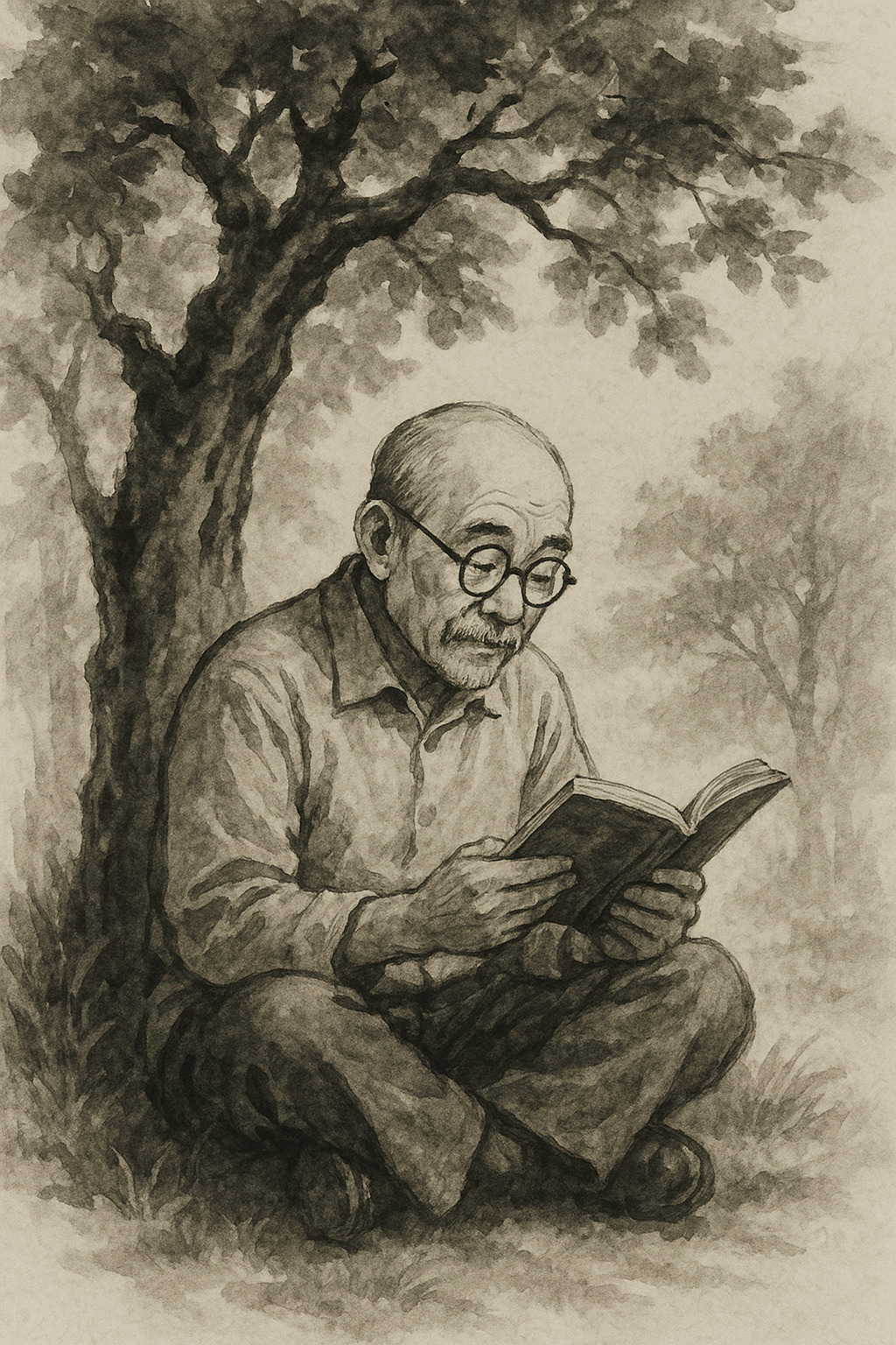 나무 아래 책 읽는 할아버지를 수묵화 스타일로 그려줘