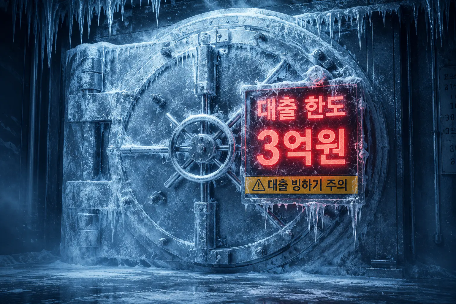 KB국민은행의 주택구입자금 대출 한도가 6억 원에서 3억 원으로 대폭 축소되었다는 속보와 함께, 가계대출 연쇄 중단 및 빙하기 우려를 나타내는 요약 이미지