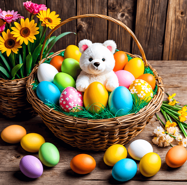 갈색 바구니에 부활절 달걀이 10개 이상 있다. 하늘색, 노란색, 하얀색, 분홍색, 연두색 달걀이다. 달걀 중앙엔 하얀색 꼬마 곰인형이 있다.