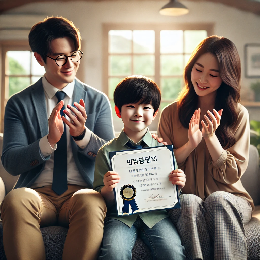 거실에서 상장을 들고 자랑스러워하는 아들을 박수로 격려하는 부모