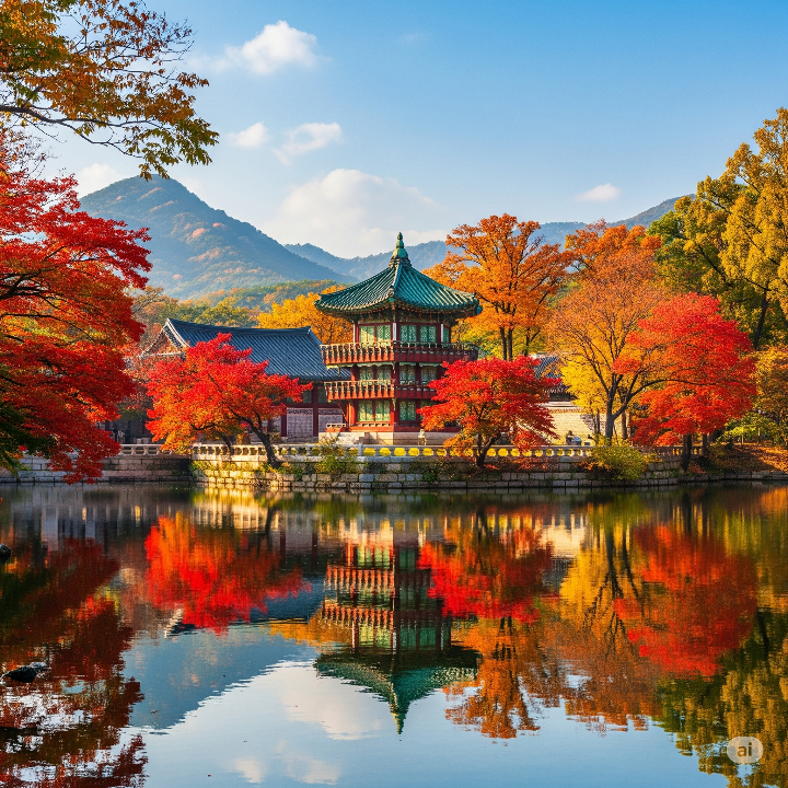 아름다운 단풍과 전통 정자가 연못에 비치는 풍경