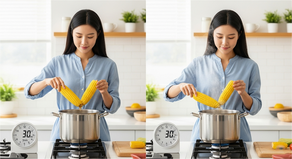 한국인이 냄비에 옥수수를 삶는 모습과 30분 타이머