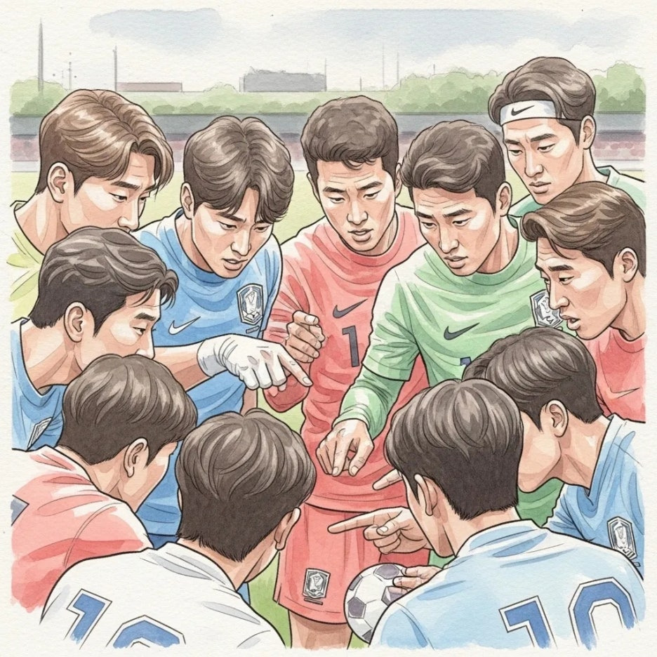 전략을 논의하는 축구 국가대표 선수들
