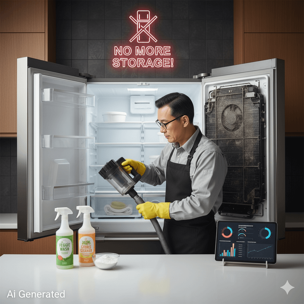 냉장고 내부의 성에를 제거하고 세균 억제를 위해 이엠(EM) 발효액을 분사하며 청소하는 전문가의 모습