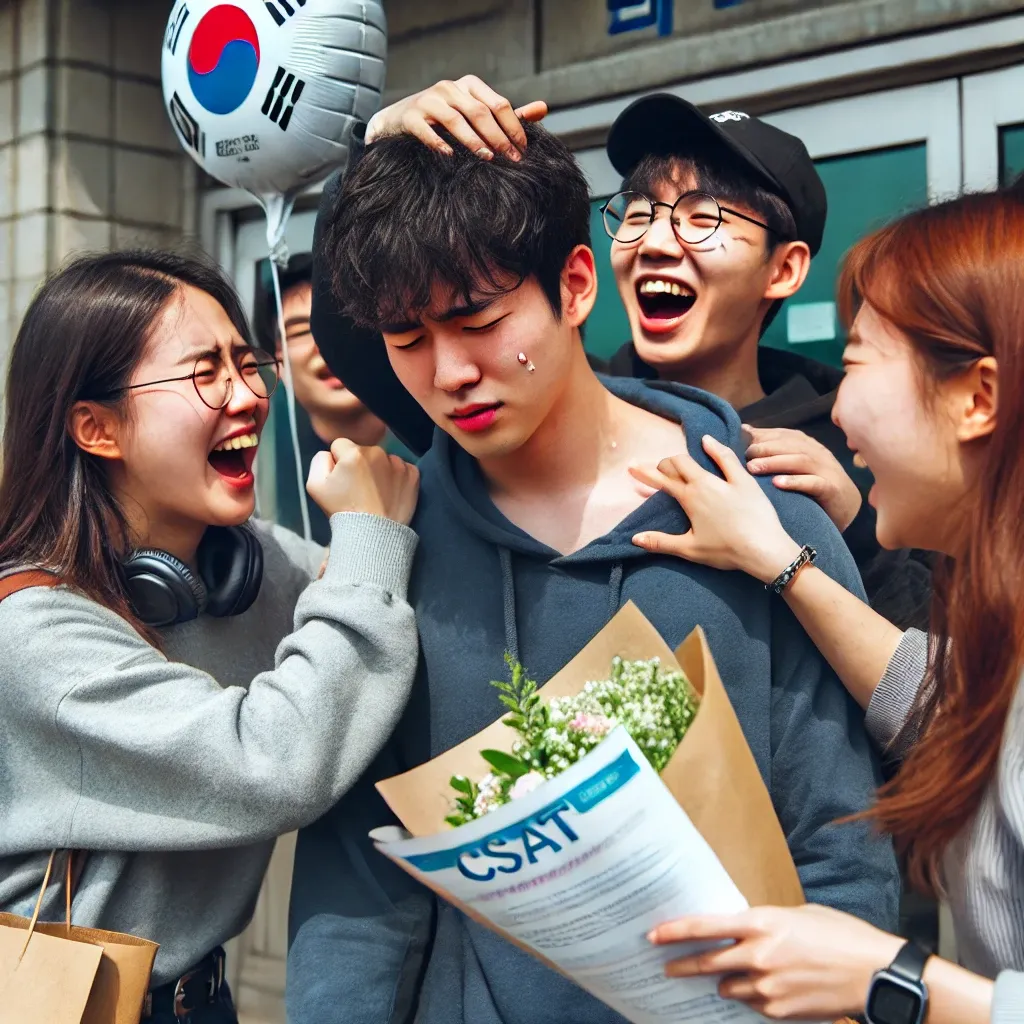 수능 시험을 마친 후 친구들에게 축하와 격려를 받는 한국 학생&amp;#44; 시험장 밖에서 웃으며 이야기하는 모습