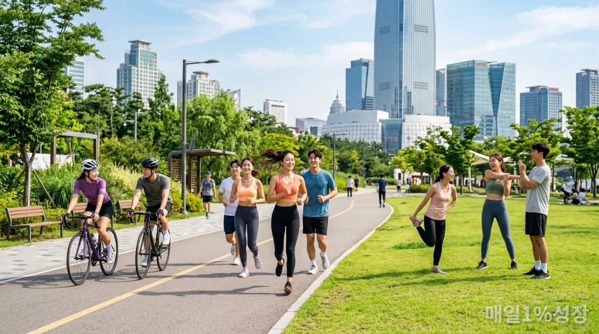 서울 도심 공원에서 운동하는 활기찬 한국 젊은이들