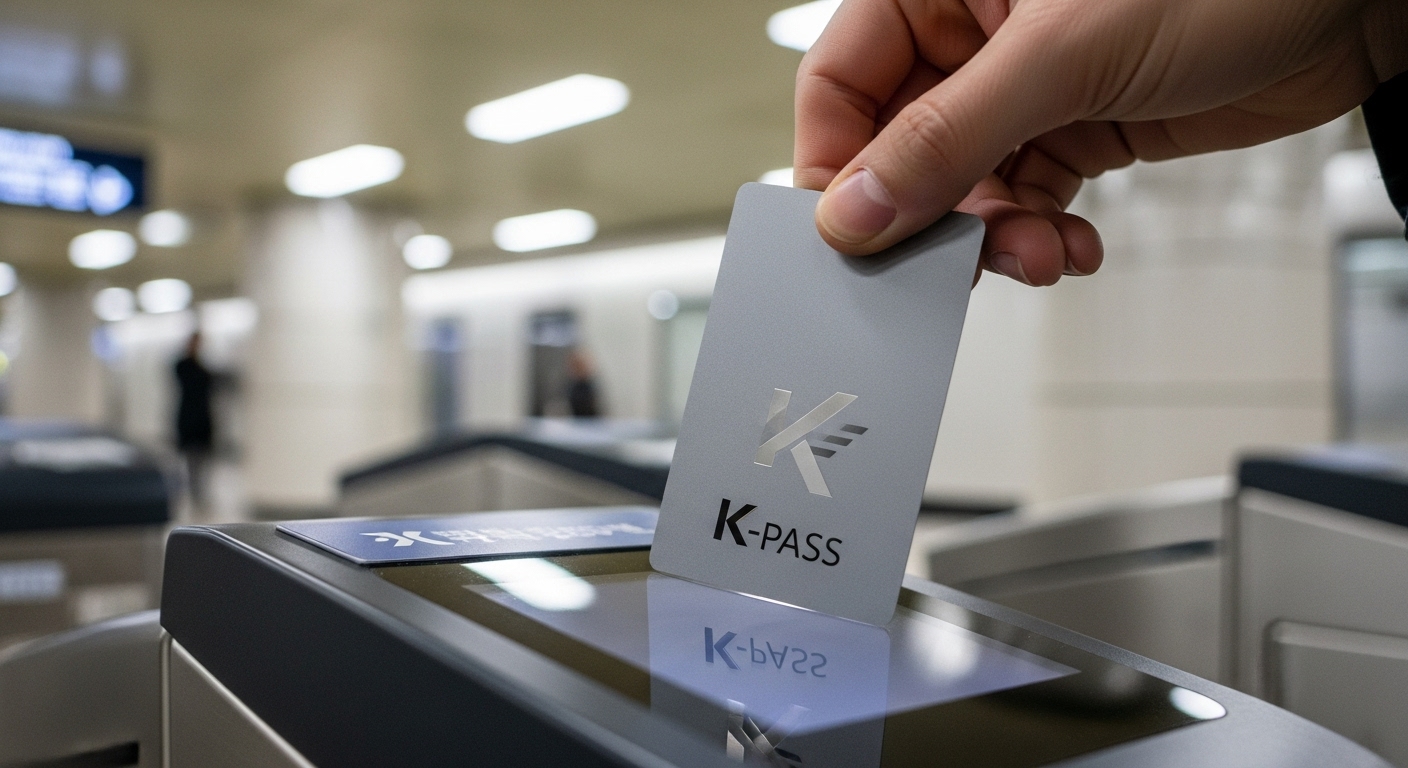 지하철 개찰구나 버스 단말기에 K-패스 카드를 태그하는 손의 클로즈업. 카드의 K-패스 로고가 선명하게 보이며 편리한 대중교통 이용을 나타냅니다.