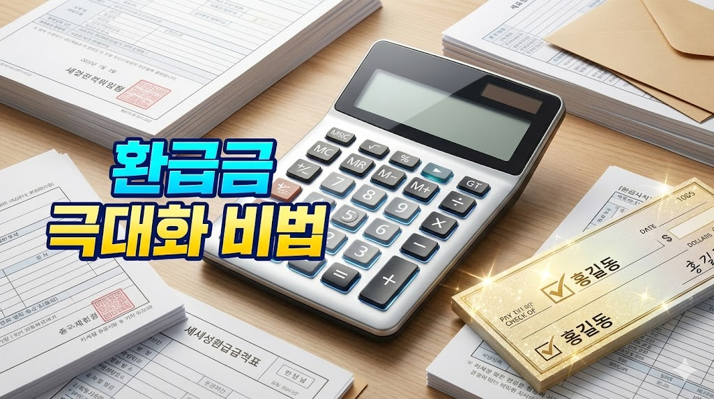 세금 환급금 극대화를 상징하는 계산기와 공식 서류, 반짝이는 수표가 포함된 고화질 비즈니스 이미지