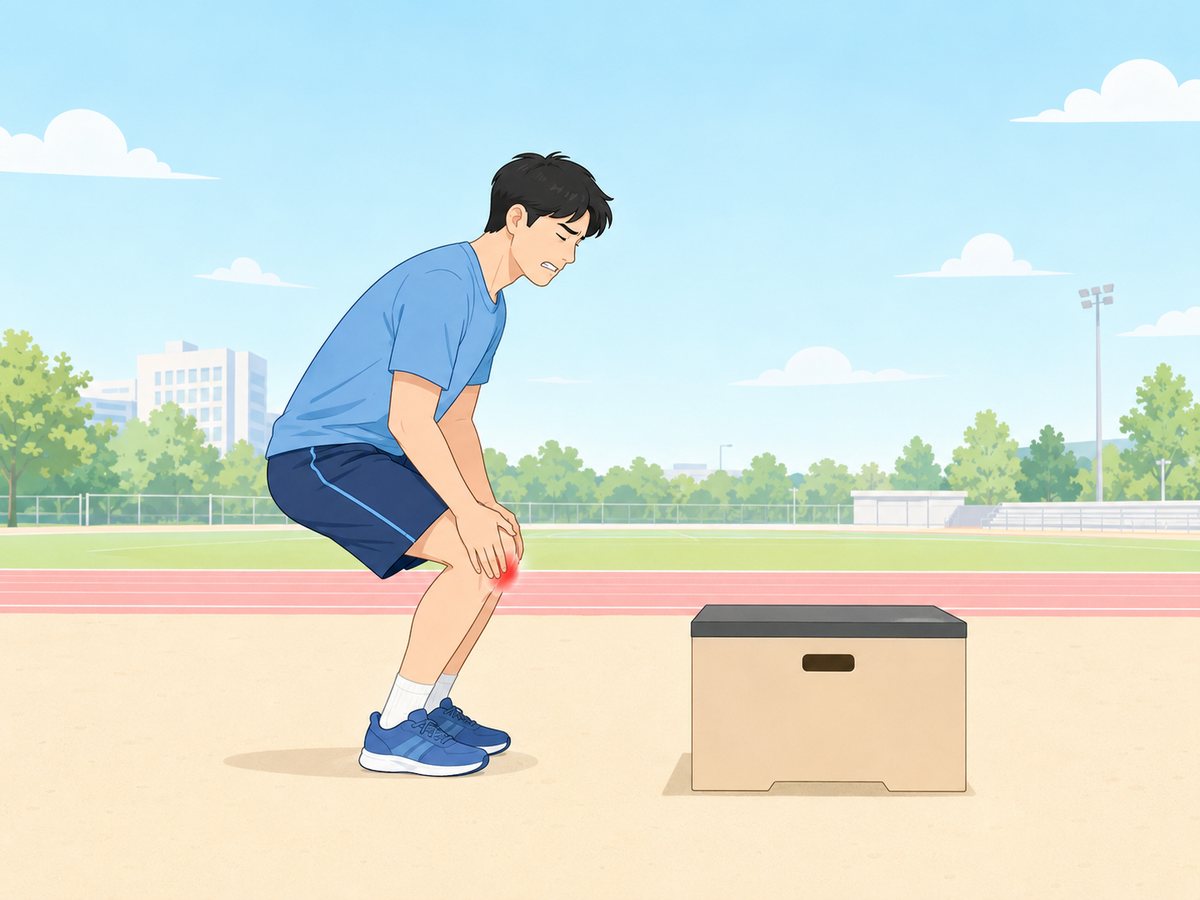 운동장 점프 박스 옆에서 무릎뼈 아래를 짚고 몸을 숙인 슬개건염 통증 남성