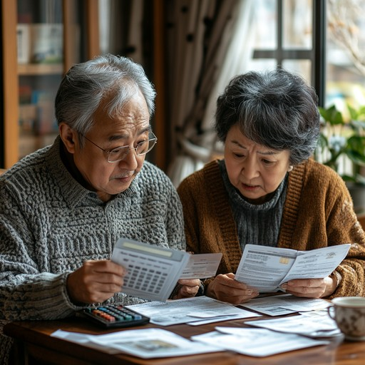 노년 부부가 계산기로 부동산 세제 개편 양도 소득세, 종부세등 세금 상의하는 모습
