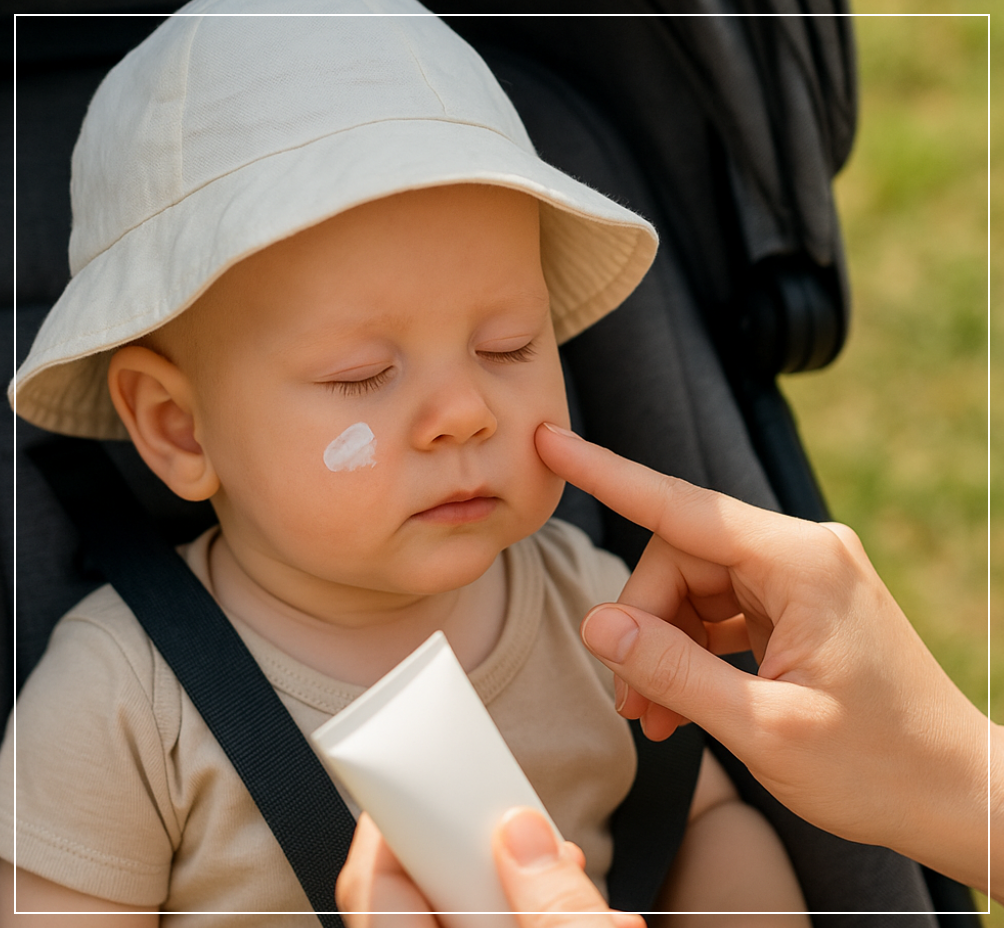 선크림을 바르는 1년 미만 아기